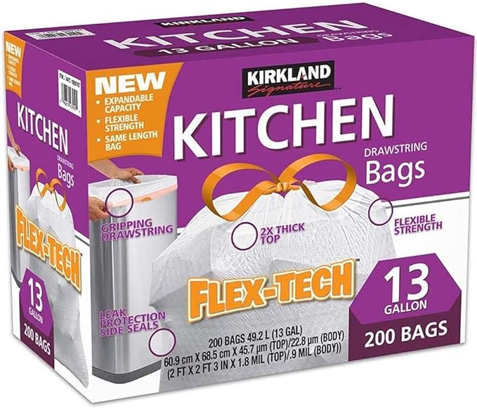 Kirkland 13 Gal Drawstring Kitchen Garbage Bags 200 ct