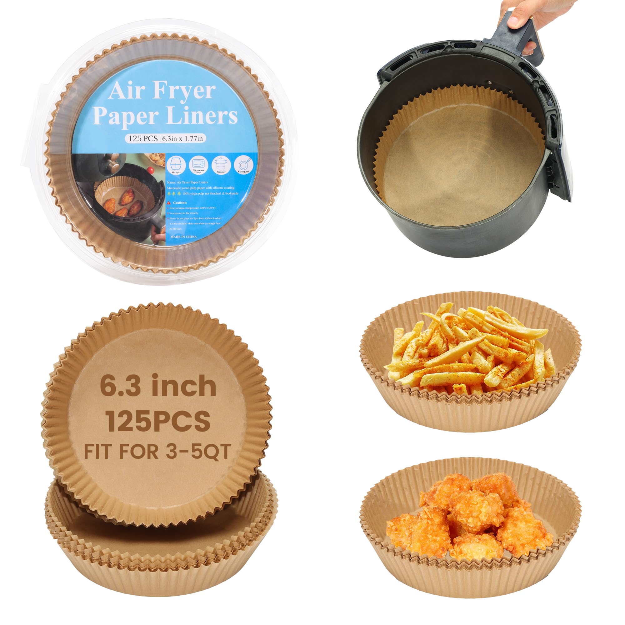 Air Fryer Paper Liners 6.3 in x 1.77 in 125 pc