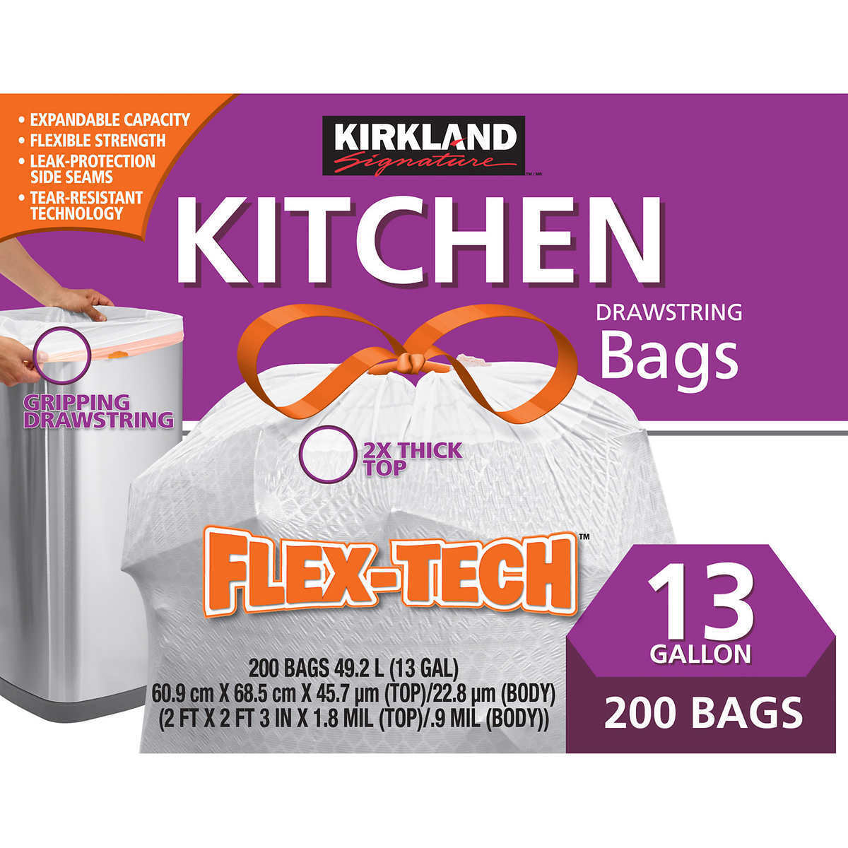 Kirkland 13 Gal Drawstring Kitchen Garbage Bags 200 ct