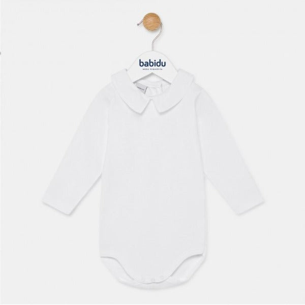 Babidu Long Sleeved White Onesie with Pointed Collar